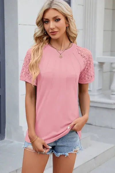 Openwork Round Neck Short Sleeve T-Shirt Women's T-Shirts - Tophatter Daily Deals